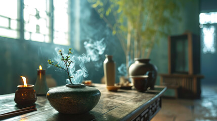 Fototapeta na wymiar Incense sticks burning in a pottery holder with a serene and calm atmosphere.