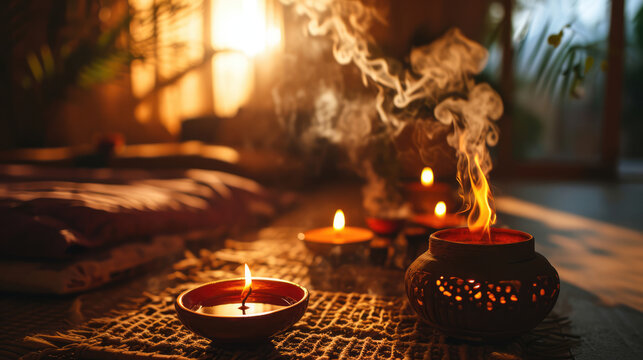 Softly lit candles and incense create a peaceful, meditative atmosphere at dusk.
