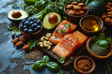 Selection of healthy Omega fat sources. Healthy eating, copy space, top view.