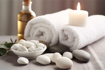 Fototapeta na wymiar Smooth white stones, white towel, candle, aroma oil, spa attributes
