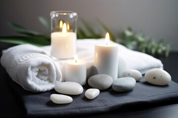 Fototapeta na wymiar Smooth white stones, white towel, candle, spa attributes