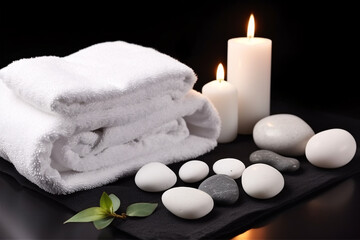 Fototapeta na wymiar Smooth white stones, white towel, candle, spa attributes