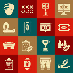 Set American Football ball on hand, ticket, Sport mechanical scoreboard result display, Smartphone with the screen, Soccer shoes spikes, club logo template and tv program icon. Vector