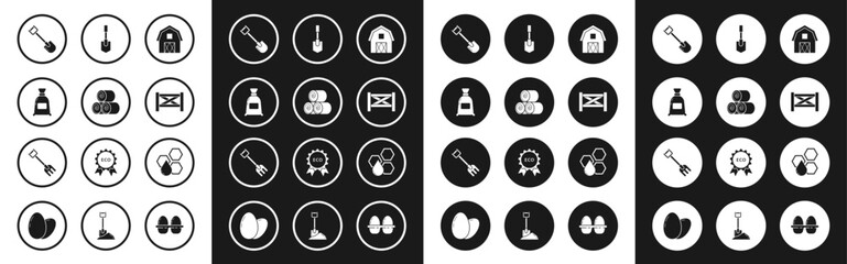 Set Farm House concept, Roll of hay, Bag flour, Shovel, Garden fence wooden, Honeycomb and rake icon. Vector