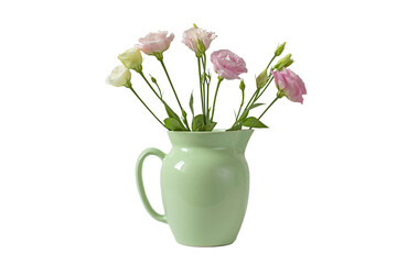 A bouquet of delicate pink and white eustoma lisianthus flowers  in a light green ceramic jug. Isolate. PNG file available