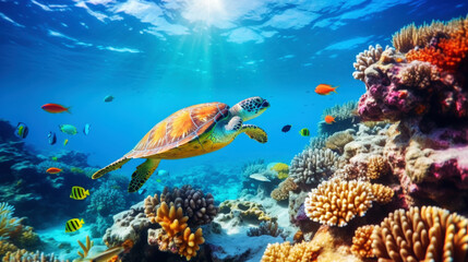 Fototapeta na wymiar Underwater view of a colorful sea coral reef with fishes and turtle. Ocean ecosystem. Generative AI