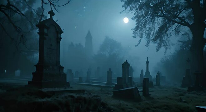 Cemetery in the fog under moonlight, with silhouettes of crosses and trees. The concept of mystery and eternity.