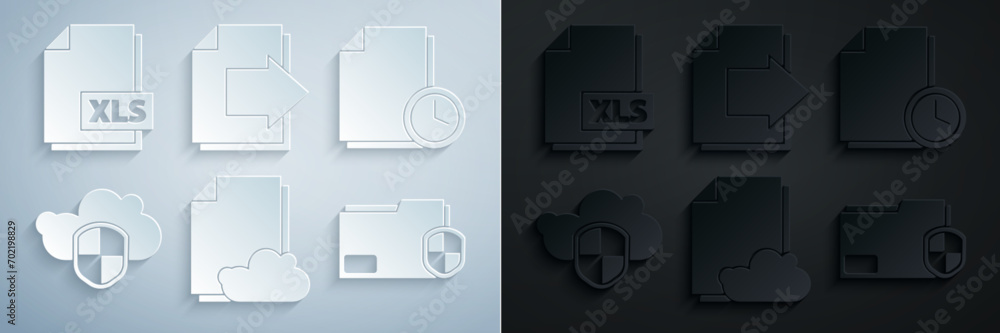 Poster set cloud storage text document, document with clock, and shield, folder protection, next page arrow