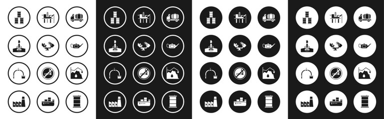 Set Tanker truck, Wrecked oil tanker ship, Oil rig with fire, Barrel, Canister for motor, platform in the sea, Drop crude price and Industry pipe and valve icon. Vector