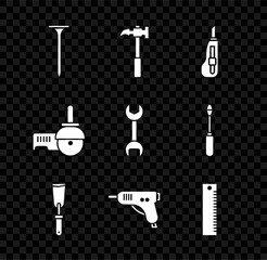 Fototapeta premium Set Metallic nail, Claw hammer, Stationery knife, Putty, Electric hot glue gun, Ruler, Angle grinder and Wrench spanner icon. Vector