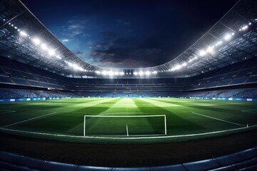 Fototapeta na wymiar Modern football stadium with strong lights and green football pitch in night. Generative ai.