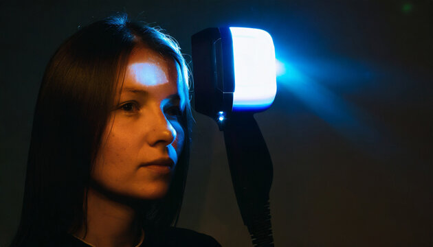 Cutting-Edge Hair Technology. Fusion of Hair Extensions, Laser Therapy, and LED Innovation,a device on a human head,technology concept,copy space.