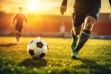 Young football player plays with sport ball on the modern football pitch during sunset. Generative Ai.