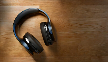 Fototapeta na wymiar Modern wireless headphones lie on the wooden surface top view. copy space.