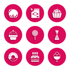 Set Lollipop, Cake with burning candles, Ice cream bowl, Candy, Donut, Cupcake,  and Glass jar candies inside icon. Vector