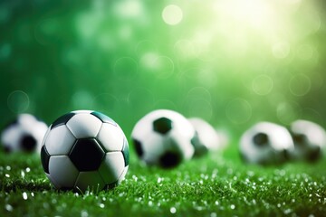 Fototapeta premium Black and white sport football ball put on green grass, football wallpaper. Generative Ai.