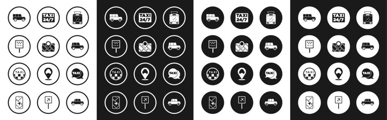 Set Tram and railway, Gps device with map, Road sign for taxi stand, Car, Location, Taxi call telephone service and car roof icon. Vector