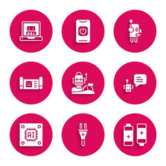 Set Robot humanoid driving a car, Electric plug, Battery, Bot, Processor with microcircuits CPU, blueprint,  and Creating robot icon. Vector