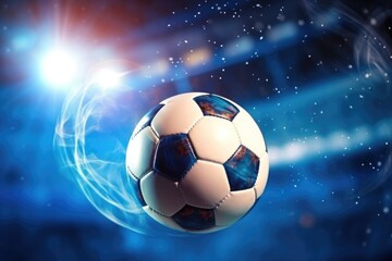 Naklejka premium Football sport ball in action during match at the stadium, colorful. Generative Ai.