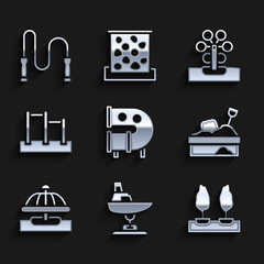 Set Kid playground slide pipe, Swing boat, Forest, Sandbox with sand, Attraction carousel, Horizontal bar, Ferris wheel and Jump rope icon. Vector