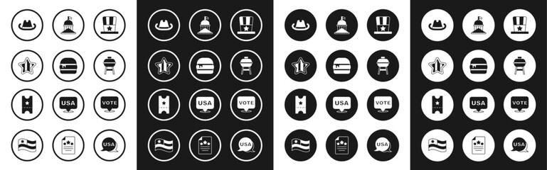 Set Patriotic American top hat, Burger, USA Independence day, Western cowboy, Barbecue grill, White House, Vote and Baseball ticket icon. Vector