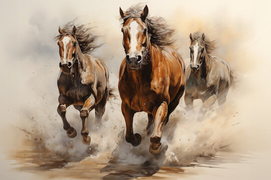Illustration of three running horses in motion
