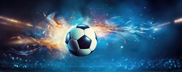 Football sport ball in action during match at the stadium, colorful banner panorama. Generative Ai.