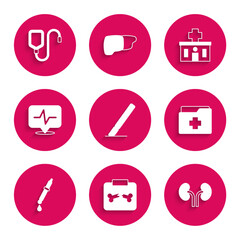 Set Surgery scalpel, X-ray shots with broken bone, Human kidneys, Patient record, Pipette, Heart rate, Hospital building and IV bag icon. Vector