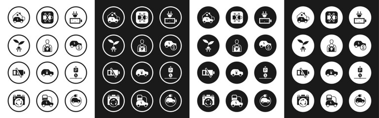 Set Battery charge, Car mechanic, Electric saving plug in leaf, Charging car home, price, Low battery, parking electric and  icon. Vector