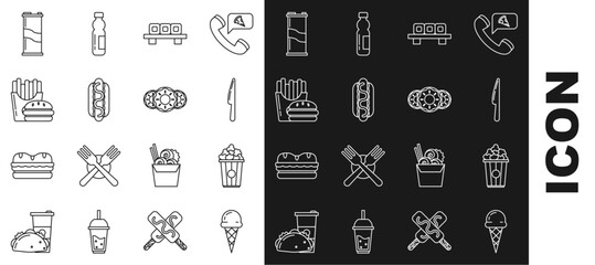 Set line Ice cream in waffle cone, Popcorn cardboard box, Knife, Sushi cutting, Hotdog sandwich with mustard, Burger french fries carton package, Soda can and Donut sweet glaze icon. Vector