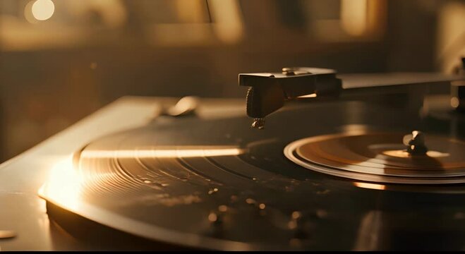 Vinyl record playing on a turntable in the light. The concept of music and nostalgia.