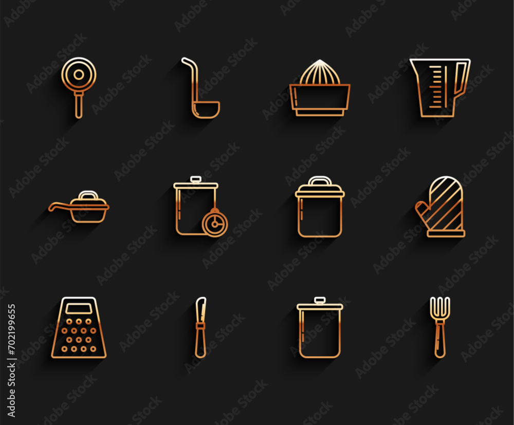 Poster set line grater, knife, frying pan, cooking pot, fork, and kitchen timer, oven glove and icon. vecto