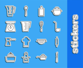 Set line Knife, Rolling pin, Kitchen ladle, Cutting board, Measuring cup, Scales,  and whisk icon. Vector