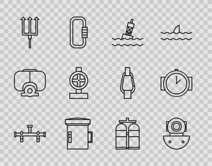 Set line Manifold, Aqualung, Floating buoy on the sea, Big flashlight for diver, Neptune Trident, Industry metallic pipes and valve,  and Diving watch icon. Vector - obrazy, fototapety, plakaty