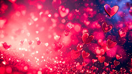 Romantic bokeh background with hearts. Happy Valentine's Day cute banner, poster, card or web background. Love, harmony and special bond themed design in red hues.