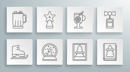 Set line Figure skates, Christmas star, snow globe, postcard, book, Mulled wine with glass of drink, Price tag an inscription Sale and Hot chocolate cup marshmallows icon. Vector