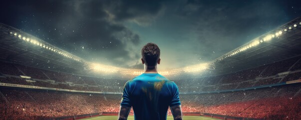 Football player stands on modern football pitch stadium with strong lights, sport panorama. Generative ai.