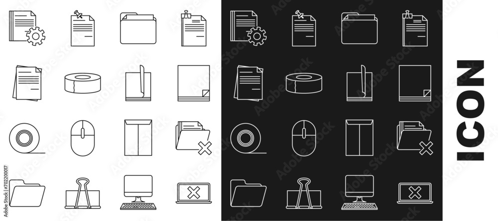 Poster set line laptop and cross mark on screen, delete folder, file document, document, scotch, settings w