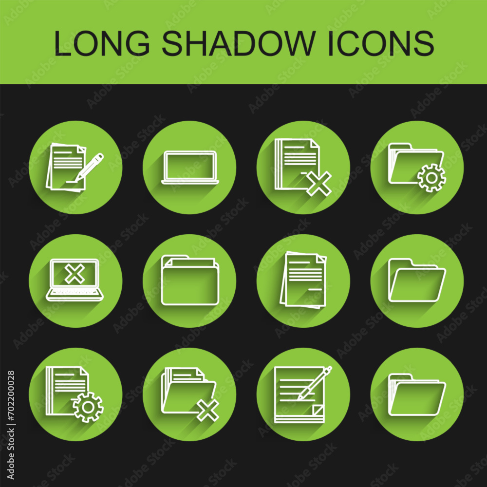 Poster set line document settings with gears, delete folder, blank notebook and pencil eraser, and file doc