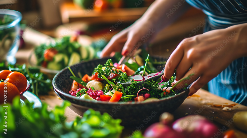 Wall mural Close up of woman making fresh vegetable salad. Clean eating, dieting, vegan food concept