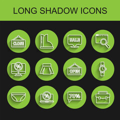 Set line Underwear, Percent discount and laptop, Hanging sign with Closed, Seventy percent tag, Briefcase, Skirt, Wrist watch and Open icon. Vector