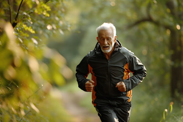 Obraz premium Active elderly man running on the road on the sunrise background. Healthy senior man jogging at park, living on the healthy side of life