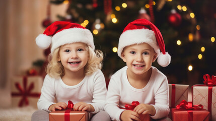 Fototapeta na wymiar Happy kids in Santa hats in kindergarten