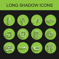 Set line Rv Camping trailer, knife, Meteorology thermometer, Cinema camera, Binoculars, Compass, Sun and Passport with ticket icon. Vector