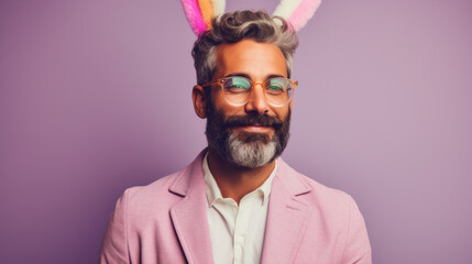 Obraz premium Easter bunny man with eyeglasses and pink jacket on violet background