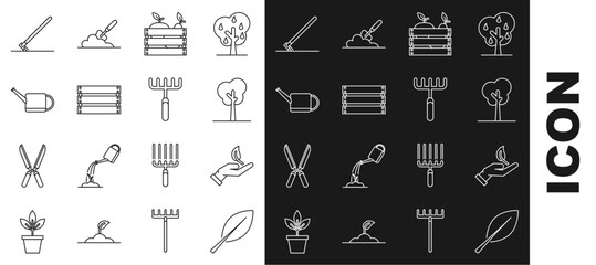 Set line Leaf, Sprout in hand of environmental protection, Tree, Wooden box for fruits vegetables, Watering can, Garden rake work and  icon. Vector