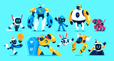 Robots in flat cartoon style