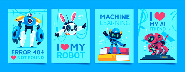 Fototapeta premium Robot cards in flat cartoon style