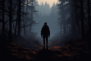 lonely lost person in dark forest landscape illustration - Powered by Adobe