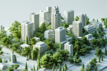 Fototapeta premium Isometric City Center in Cartoon Style, Surrounded by Green Cartoon Trees, on a White Surface, Generative AI